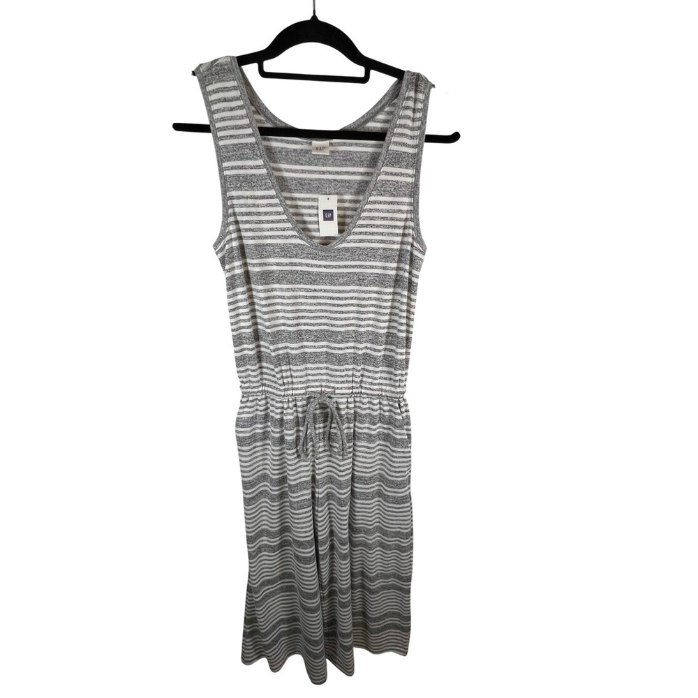 GAP Women Striped Drawstring Waist Sleeveless Midi Romper XS gray‎ white NWT
